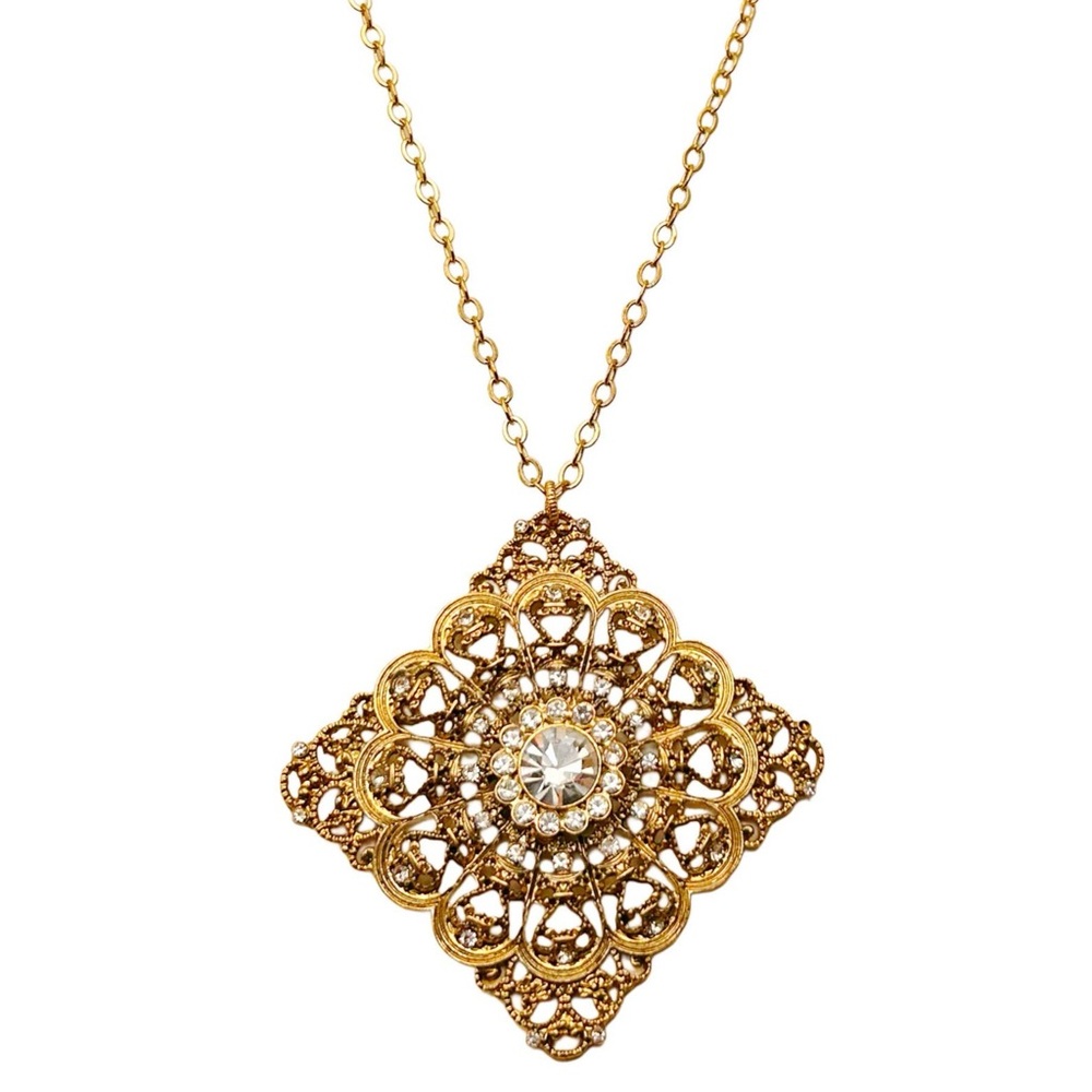 Vintage Gold Tone Victorian Style Filigree and Crystal Rhinestone Pendant